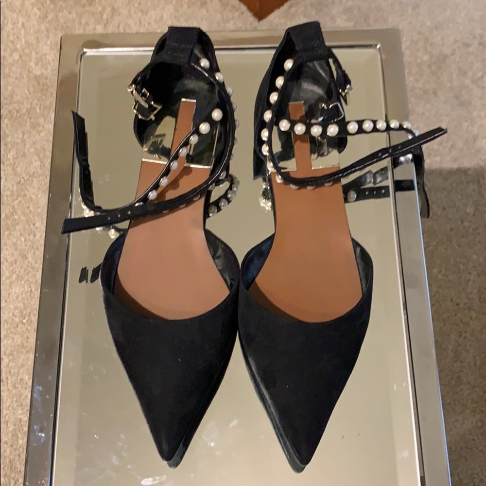 Zara Black Suede Flats with Pearl Ankle Straps